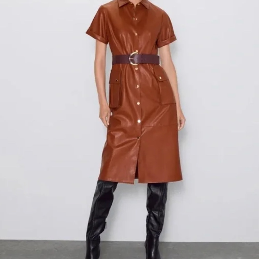 Zara Faux Leather Button Down Big Pockets Belted Brown Dress Short Sleeves Sz XS